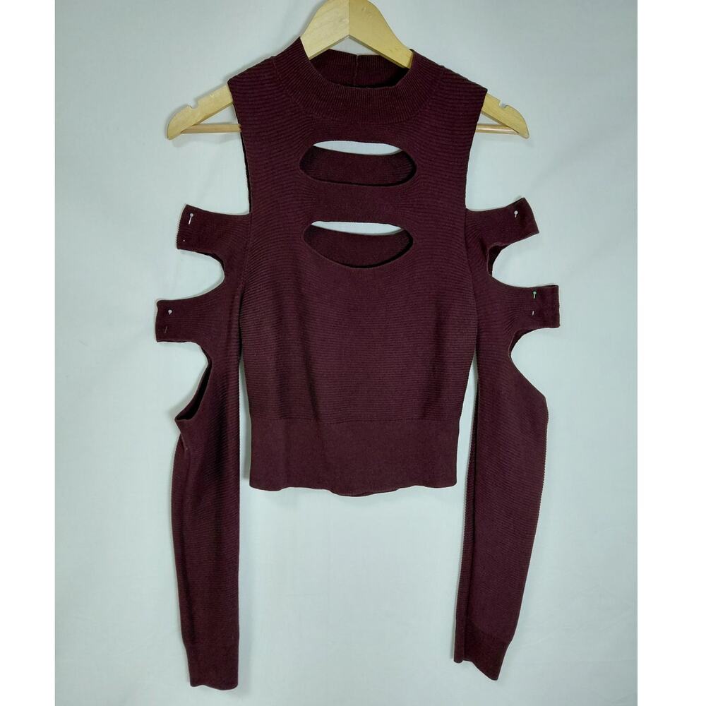 Express Burgundy Mock Neck Ribbed Knit Stretch Top Women Size M - Picture 2 of 11